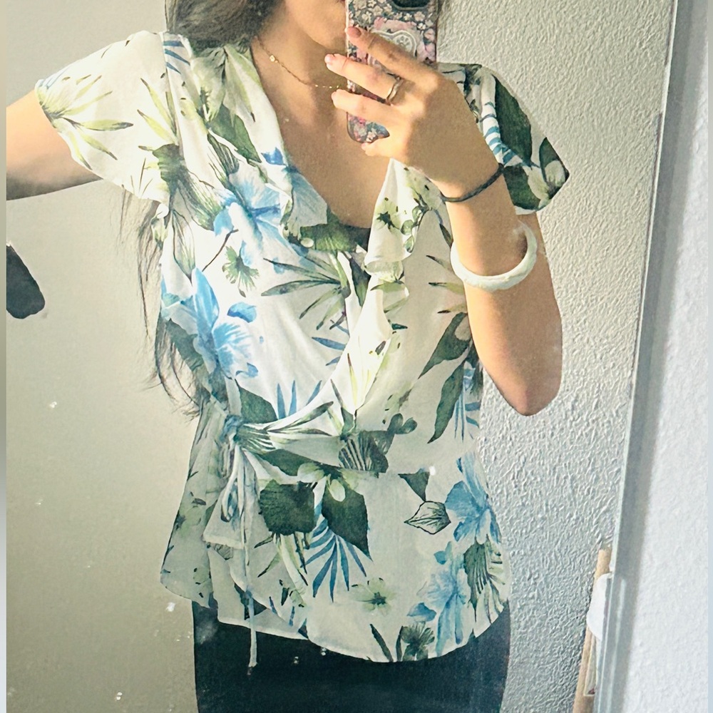 Banana Republic Floral Wrap Blouse - Blue and White